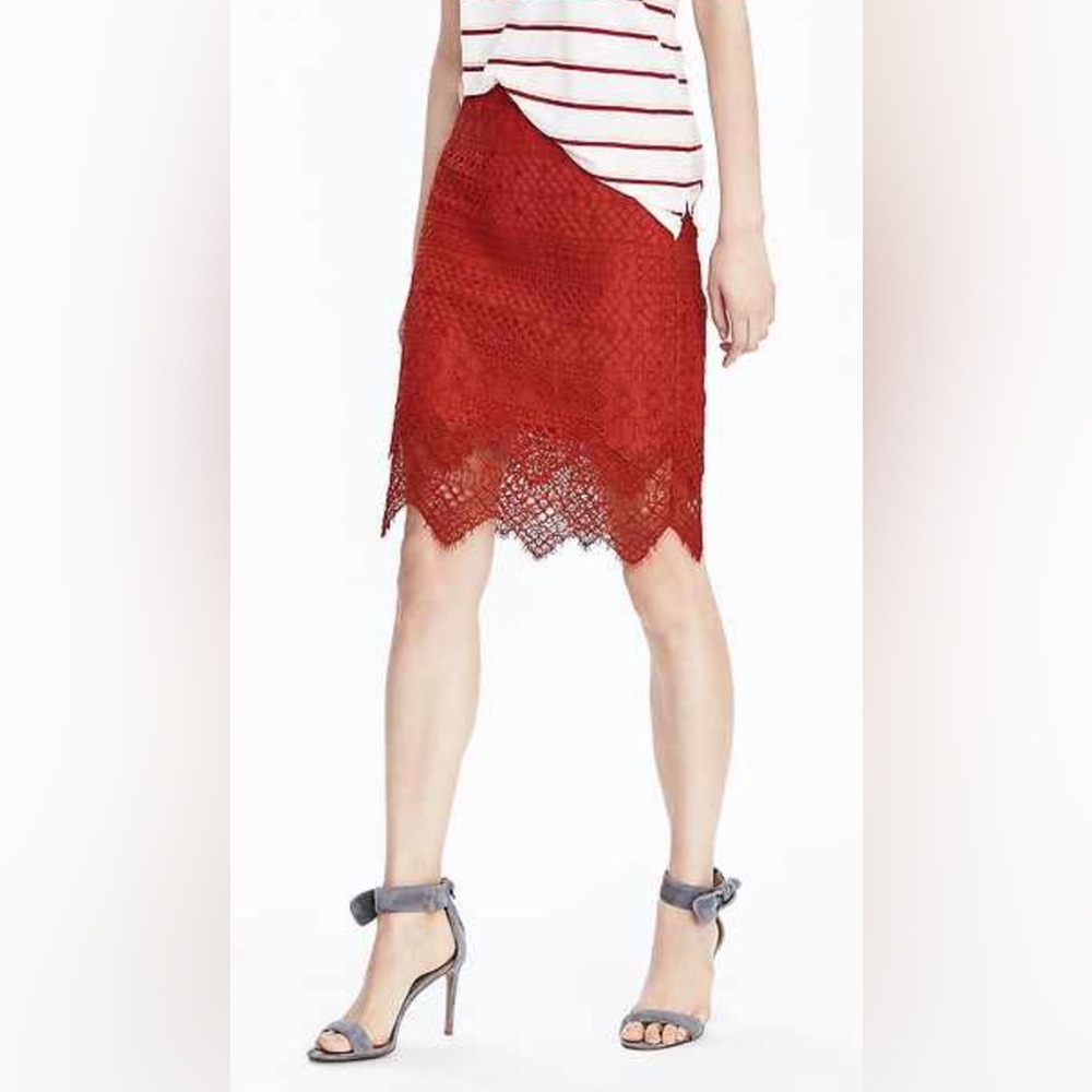 Bright spring Red-orange Lace work mini Skirt by Banana Republic